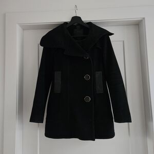 Mackage Black Pea Coat for Women Wool And Cashmere Blend With Leather Trim